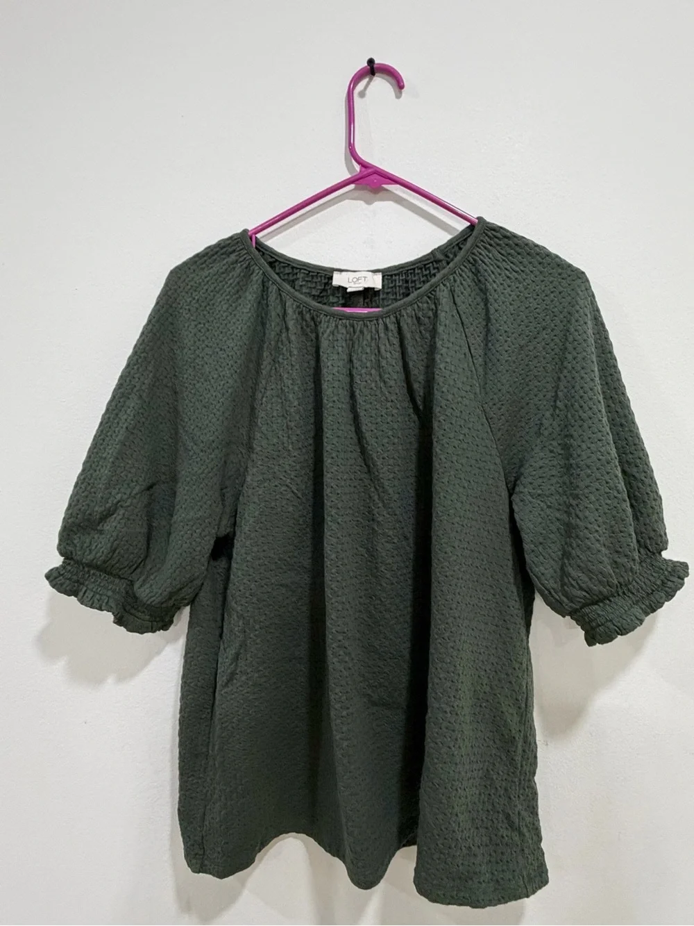 LOFT Dark Olive Green Textured Peasant Top